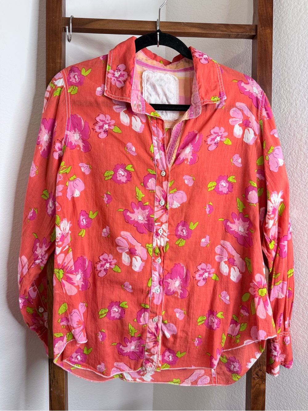 CINO Pink Orange Floral Cotton Button Down Shirt Size L